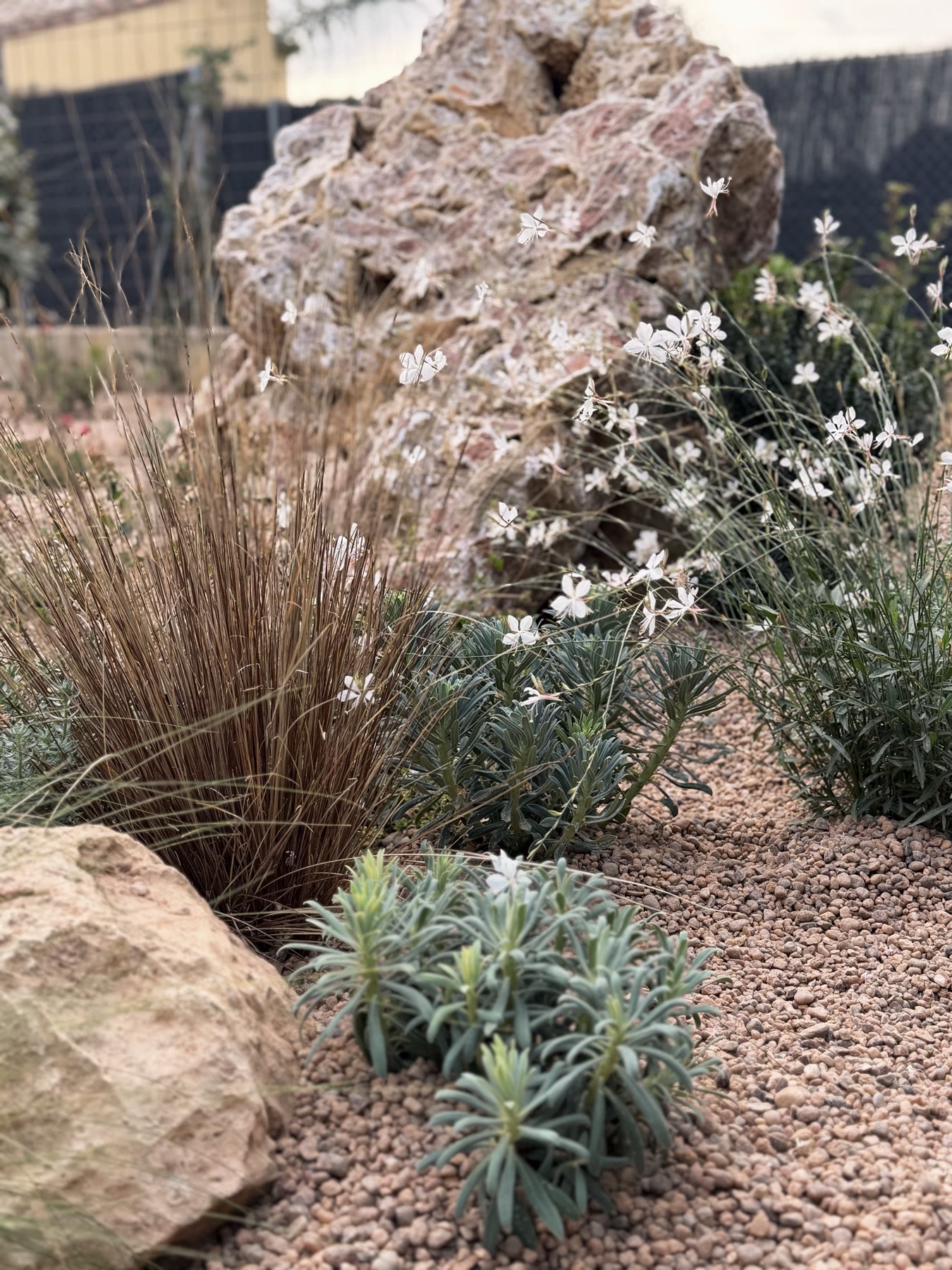 Vegetación y materiales naturales en un jardín de Nativa